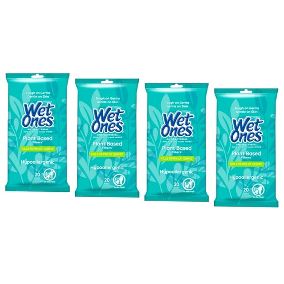 Wet Ones Antibacterial Plant Based Fiber Hypoallergenic Hand Wipes, 20 Count - Pack of 4