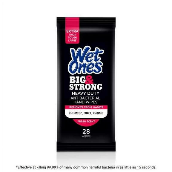 Wet Ones Big & Strong Heavy Duty Antibacterial Hand Wipes, Fresh Scent, 28 Ct, Removes Oil, Paint, & Grease From Hands