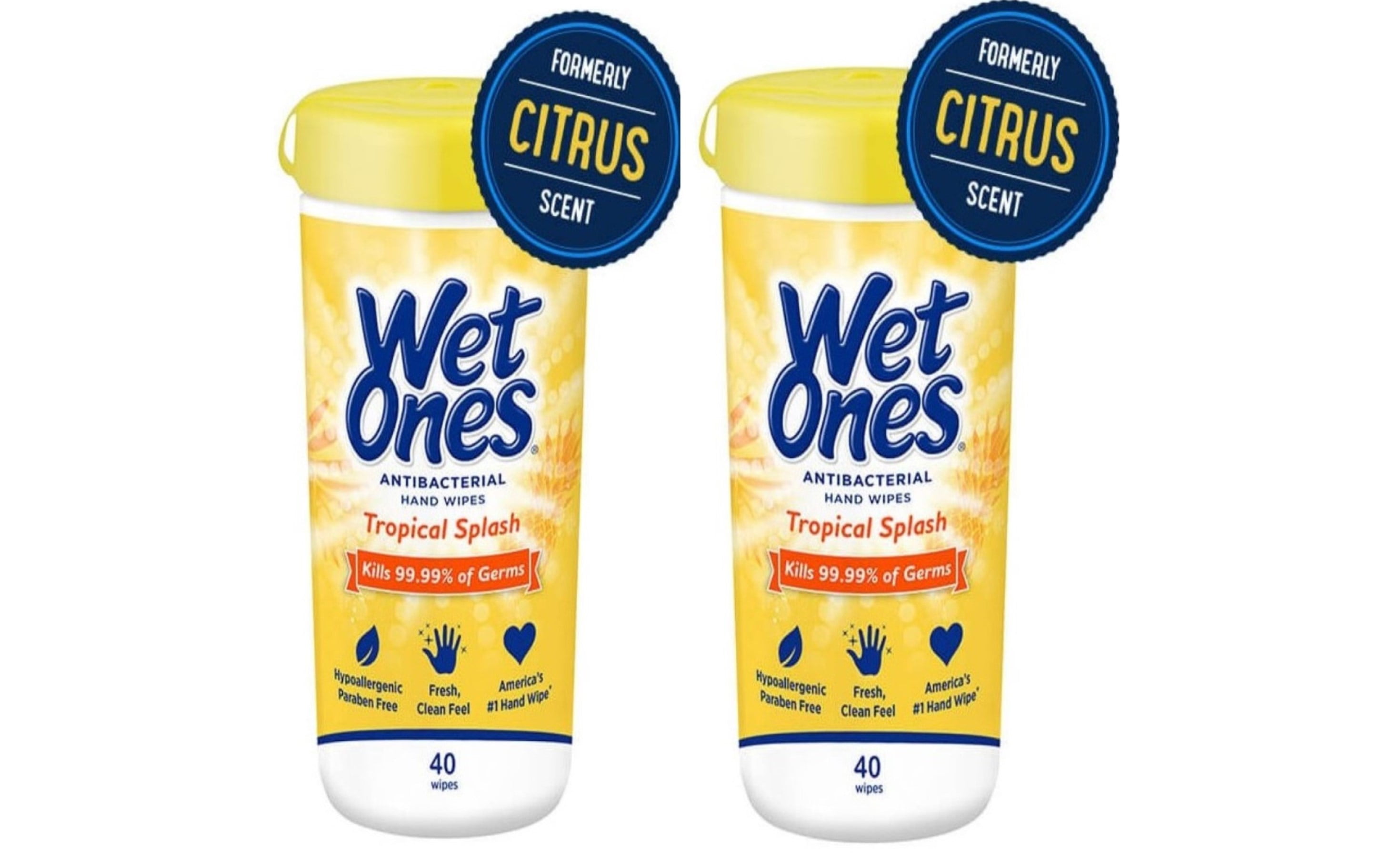 Wet Ones Citrus Antibacterial Hand and Face Wipes Canister, 40 Count (Pack of 2)