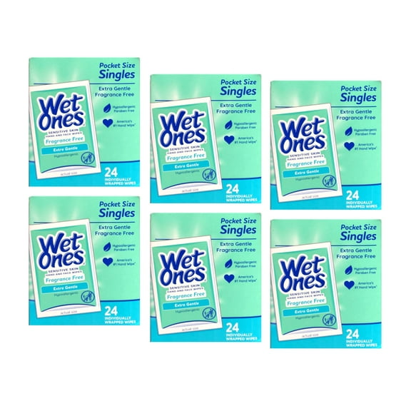 Wet Ones Hand and Face Wipes Singles,Unscented Wipes for Sensitive Skin | Individual Wipes, Hand Wipes Individually Wrapped| 24 ct. (6 pack)