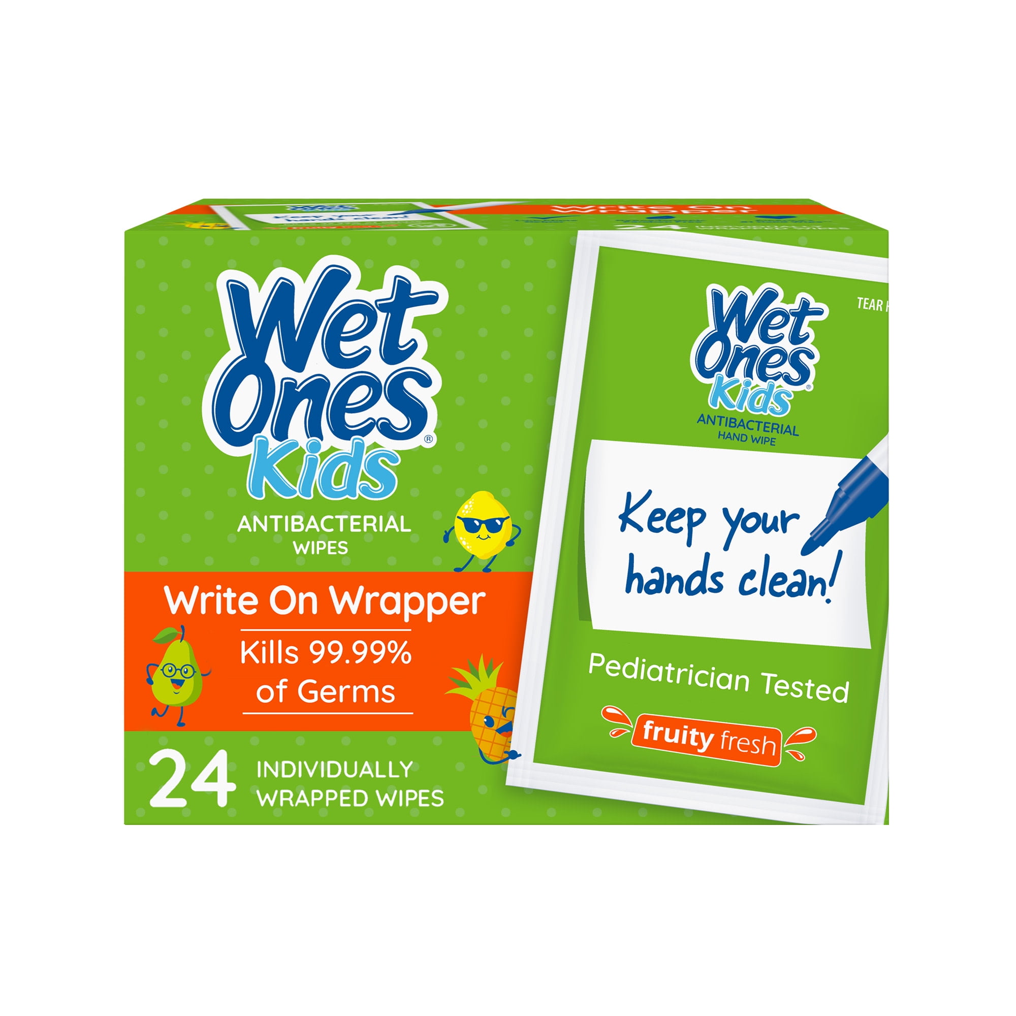Wet Ones Kids Antibacterial Hand Wipe Singles With Writable Wrapper, Fruity Fresh Scent, 24 Ct