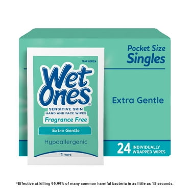 Wet Ones Sensitive Skin Hand Wipes, Fragrance Free, Unscented, 24 Ct Individually Wrapped Wipes