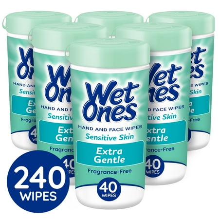 Wet Ones Sensitive Skin Hand Wipes, Fragrance Free/Unscented, 40 Ct Canister 6 Pack, 240 Total Wipes