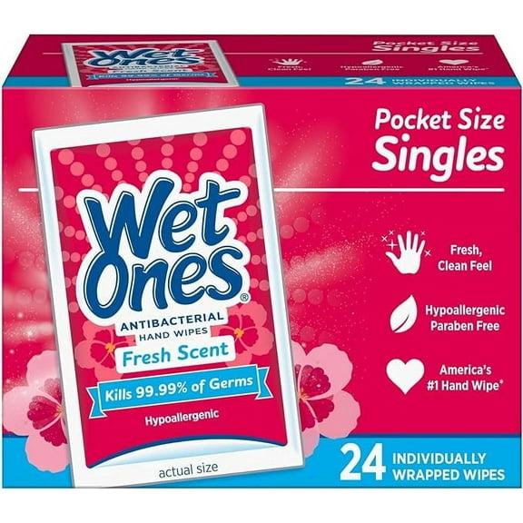 Wet Ones Singles Antibacterial Cleansing Wipes - 1 Box of 24 Singles