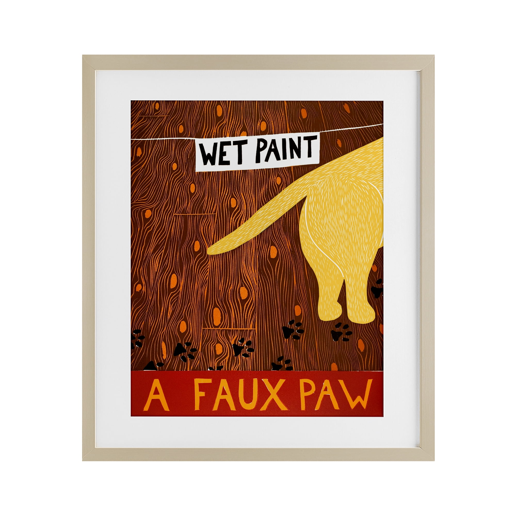 Wet Paint Faux Paw Birch Framed Print Under Glass, design by Stephen Huneck