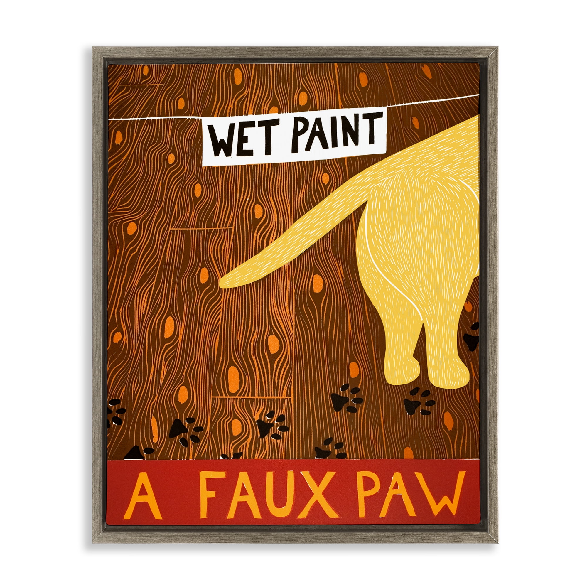 Wet Paint Faux Paw Brown Framed Floater Canvas Wall Art, design by Stephen Huneck