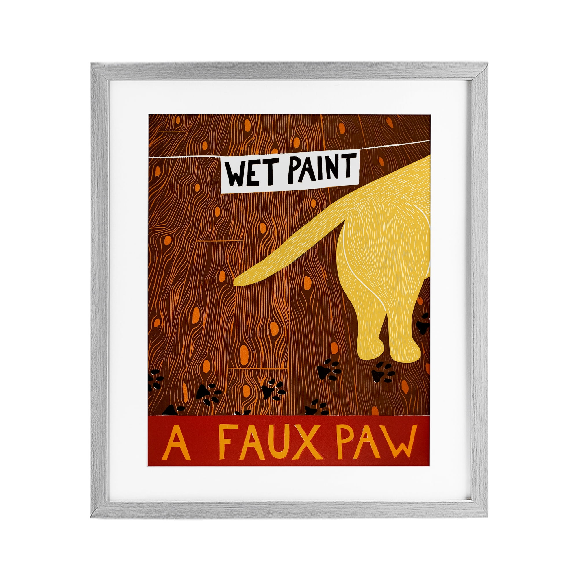 Wet Paint Faux Paw Gray Framed Print Under Glass, design by Stephen Huneck