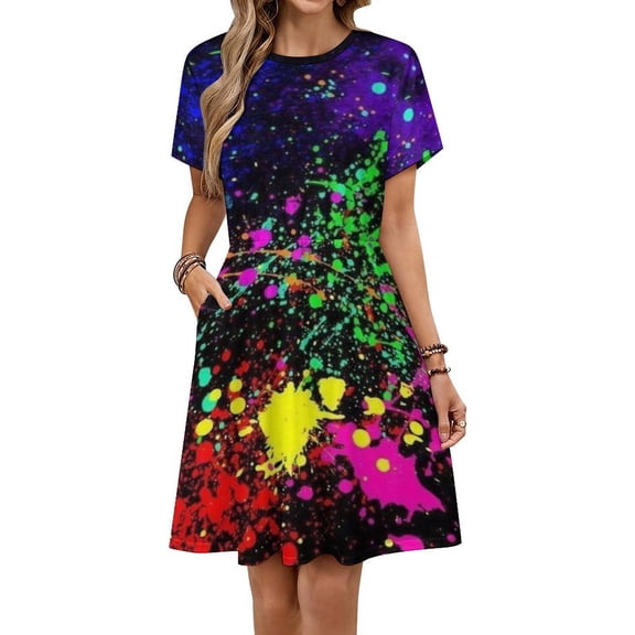 Wet Paint Retro Color Splash Dress Fashion Beach Short Sleeve Dresses Female Party Printed Sundress