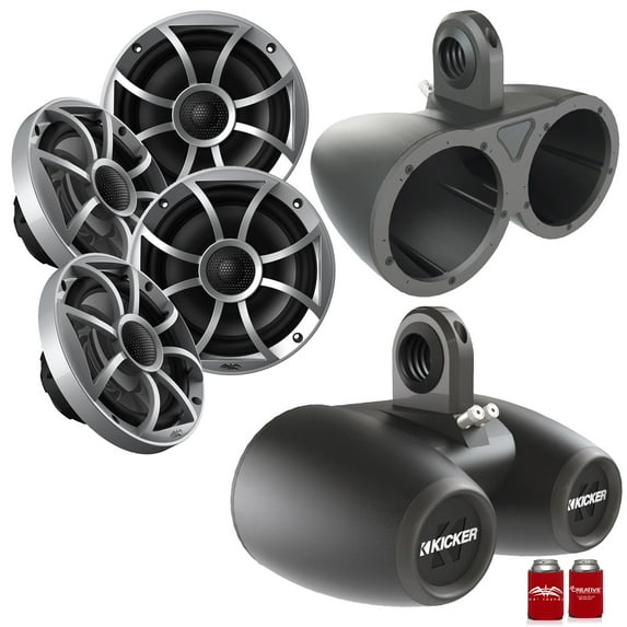 Wet Sounds 2-Pair OE-65ic-S 6.5" OEM Replacement Speakers W/ Silver Grill + Kicker 12KMTED 6.5" Black Tower Pods