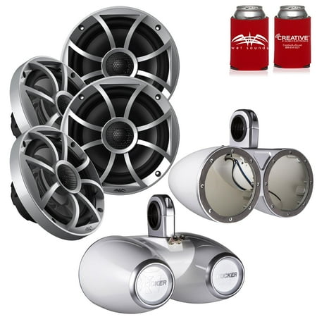 Wet Sounds 2-Pair OE-65ic-S 6.5" OEM Replacement Speakers W/ Silver Grill + Kicker 12KMTEDW 6.5" White Tower Pods