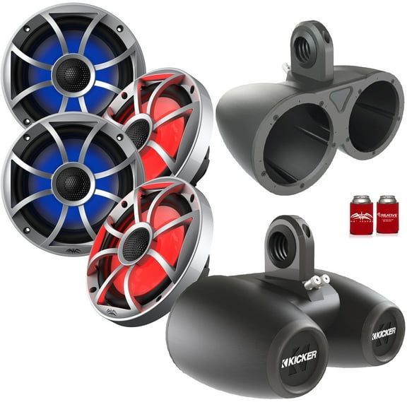 Wet Sounds 2-Pair OE-65ic-S-RGB 6.5" OEM Replacement Speakers W/ Grill & Lighting+ Kicker 12KMTED 6.5" Black Tower Pods