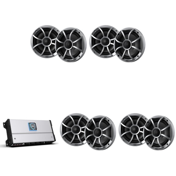 Wet Sounds HTM-8 - HTM Series 1200 Watt Full-Range Class-D 85x8 Watts RMS @4 OHM With 4 pairs Wet Sounds RECON 6-S Recon Series 6.5" 60-Watt RMS Coaxial Speakers With Silver XS Grille And Cone (Pair)