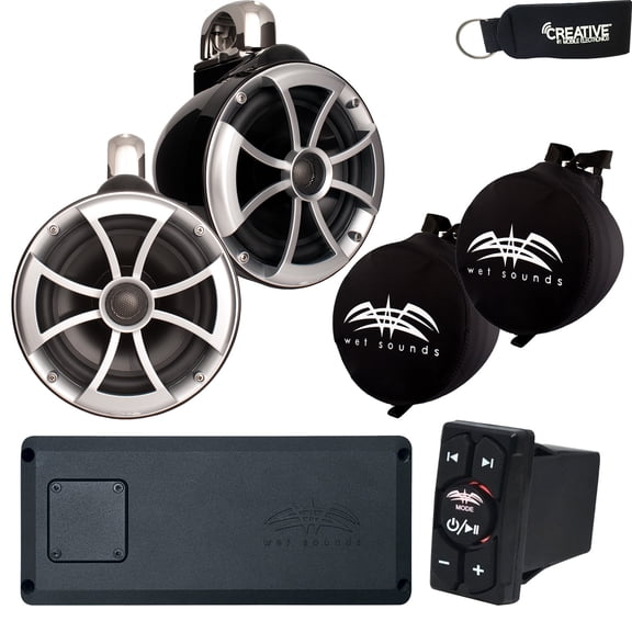 Wet Sounds ICON8 Tower Speakers with Mini Fixed Clamps, STX-Micro-4 Amp, BTRS Receiver, and SUITZ covers