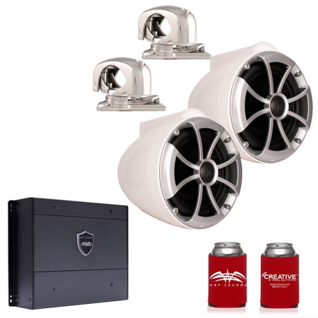 Wet Sounds ICON8W-SMINI 8" White Tower Speakers with Stainless Steel MINI Swivel Clamps & SYN-DX2 750 Watt Amplifier