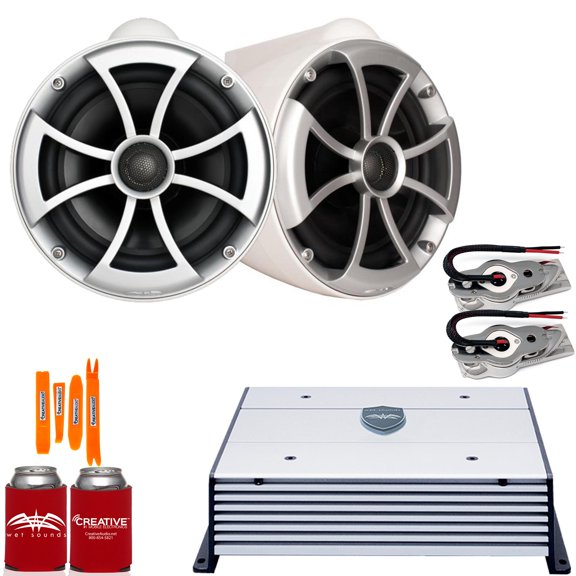 Wet Sounds ICON8W-SXM WHITE 8" Tower Speakers with Stainless Swivel Base Mount (NO PIPE CLAMP) and Wet Sounds HTX2 Amplifier