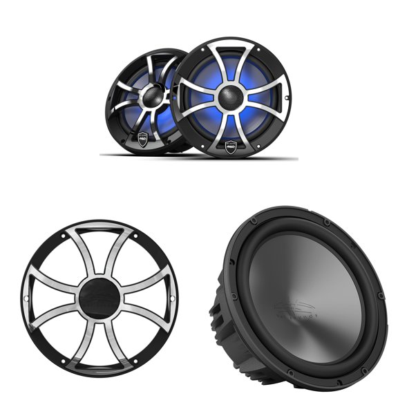 Wet Sounds Marine REVO Black/Stainless XS Grill Boat Speaker Bundle (2) 8" & 10" Subwoofer, Center Console, Bay Boat Upgrade