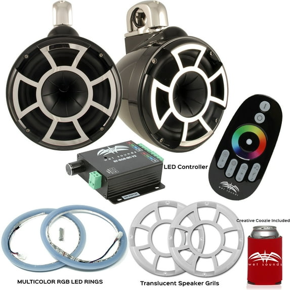 Wet Sounds REV10B-FC Fixed Clamp Tower Speakers with RGB LED Rings, Translucent Grills & RGB LED Controller - Black