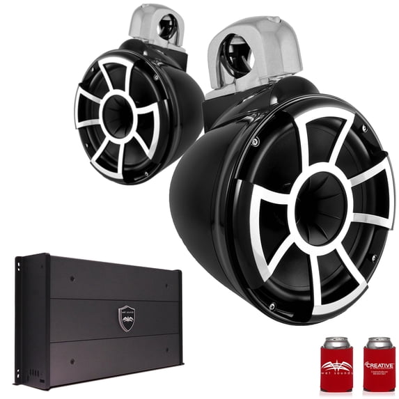 Wet Sounds REV10B-FC-SA 10" Black Tower Speakers with Silver Aluminum Fixed Clamps & SYN-DX2.3 1200 Watt Amplifier