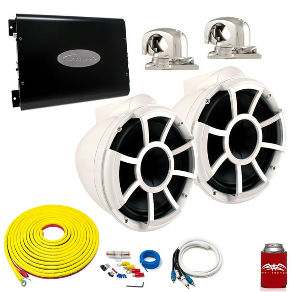Wet Sounds REV10W-SC White 10" Tower Speakers With Arc Audio KS-600.2 Amplifier with Wiring Kit