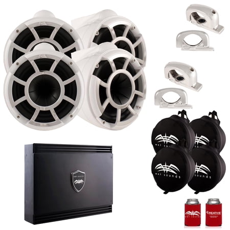 Wet Sounds Two Pairs of White REV 10 Fixed Clamp Tower Speakers with Wet Sounds Suitz speaker Covers & SDX2 Amplifier