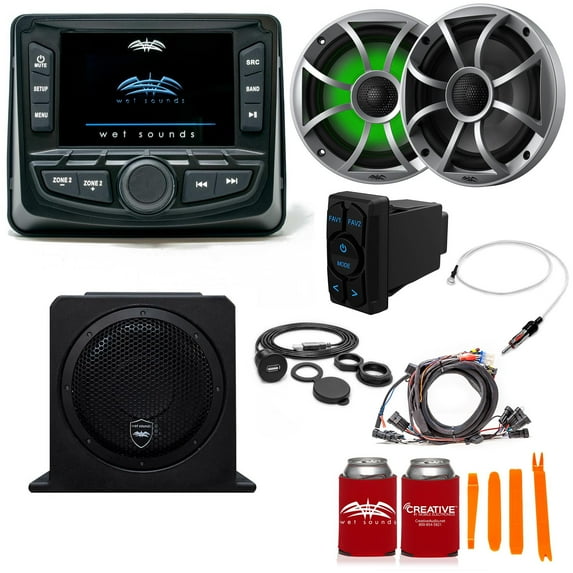 Wet Sounds Ultimate Golf Cart Audio Bundle, Radio, 2-RGB Silver Grill 6.5" Speakers, 10" powered sub, Wiring Kit