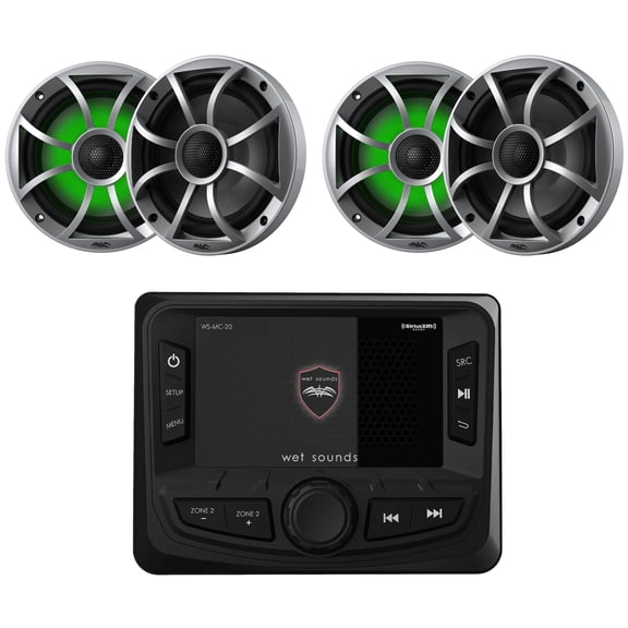 Wet Sounds WS-MC-20 Marine Radio with 2 Pairs Wet Sounds RECON 6-S RGB LED 6.5" 60-Watt RMS Coaxial Speakers With Silver XS Grilles (Pair)