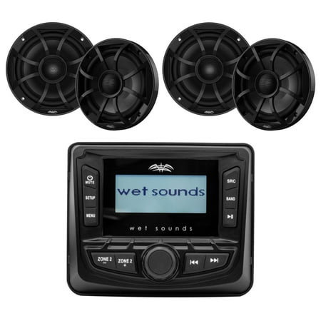 Wet Sounds WS-MC-5 3" Gauge style AM/FM Stereo with 2.7" LCD Display with 2 Pairs Wet Sounds RECON 6-BG Recon Series 6.5" Coaxial speakers With Black XS Grille And Cone (Pair)