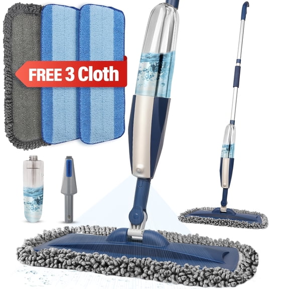 Wet Spray Mop with 14 Oz Refillable Bottle and 3 Washable Microfiber Pads | Dry Wet Flat Mop for Hardwood, Laminate, Solid Wood Floors, and Ceramic Tiles, Suitable for Home or Commercial Use, Blue