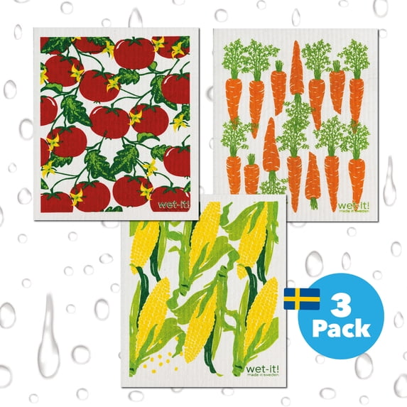 Wet-it! Reusable Sponge Cleaning Cloths Multipurpose Cleaning Wipes Kitchen Towels, dishcloth, Veggie Set 3-Pack
