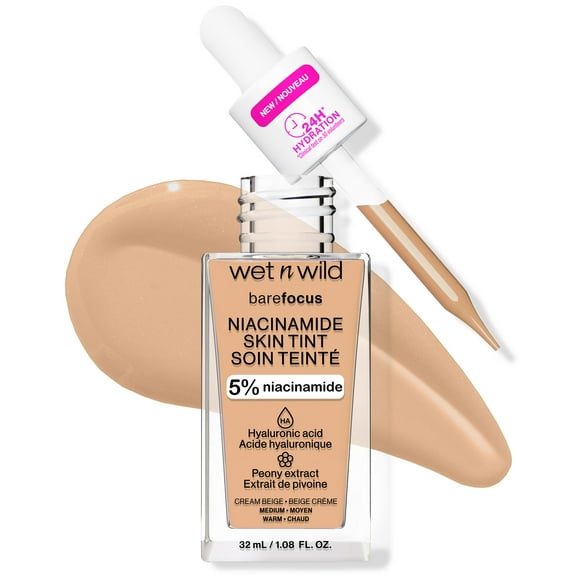 Wet n Wild Bare Focus Skin Tint - 5% Niacinamide Enriched Lightweight Foundation - Cream Beige