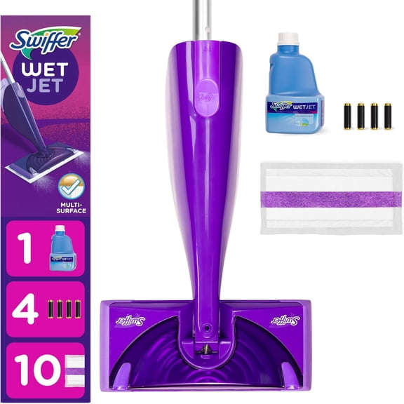 WetJet Hardwood and Floor Spray Mop, All-in-One Mopping Cleaner Starter Kit, Includes: 1 WetJet, 10 Pads, Cleaning Solution & Batteries 16 Piece Set, Purple