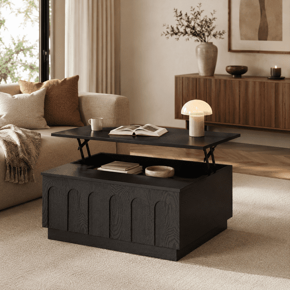 Wetalus Mid-Century Modern Lift Top and Storage Arched Wood Coffee Table, Black