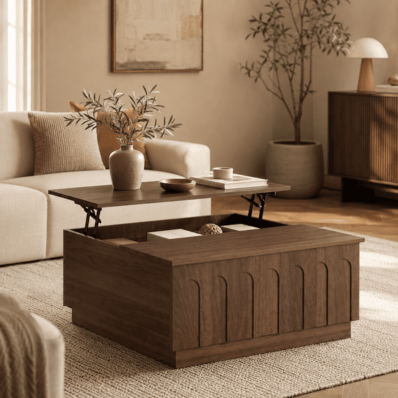 Wetalus Mid-Century Modern Lift Top and Storage Wood Coffee Table, Brown