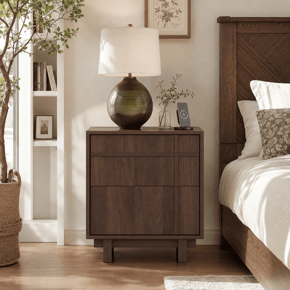 Wetalus Mid-Century Modern Nightstand with 2 Drawers Charging Station and USB Ports Walnut Wood Grain