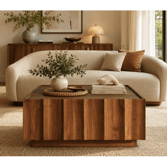 Wetalus Mid Century Modern Square Coffee Table with Storage, Wave Design,Walnut