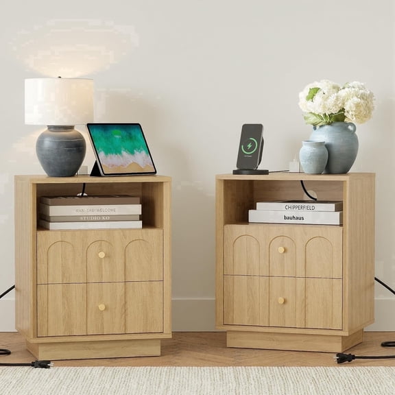 Wetalus Nightstand Set of 2 with Charging Station, Mid Century Modern Arched Boho End Table, Wood Grain Texture Bedside Table, Oak