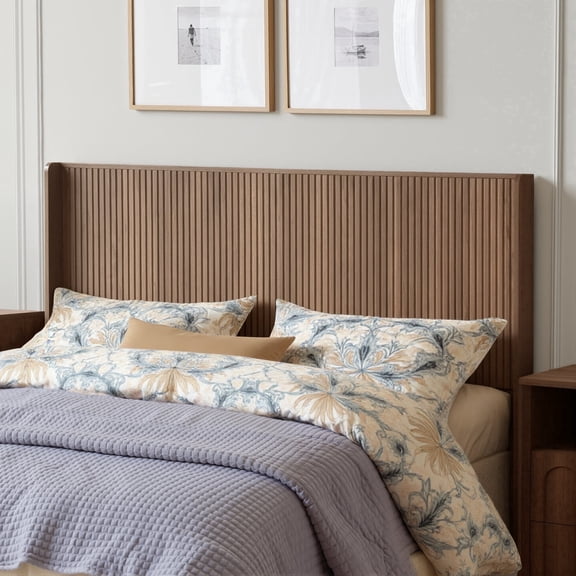 Wetalus Queen Headboard, 64.1" Mid-Century Modern Farmhouse Wood, Wall Mounted, Fluted Wingback Panel, Walnut