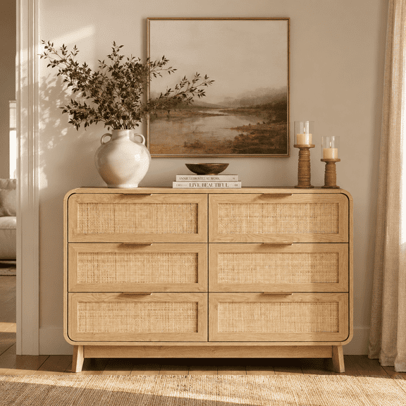 Wetalus Rattan 6-Drawer Spacious Boho Dresser, 47" for Bedroom, Oak
