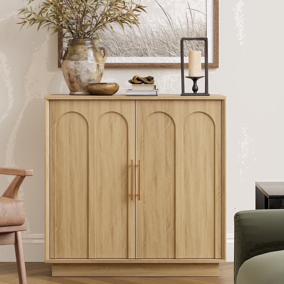 Wetalus 31.5" Mid-Century Modern Sideboard Cabinet with Storage, Arched Doors, Oak