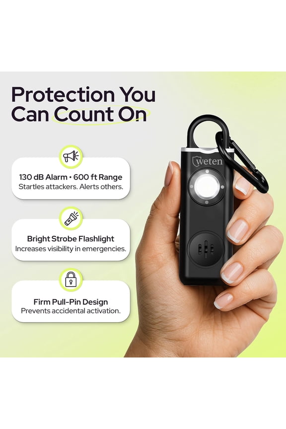 Weten Personal Safety Alarm for Women - 130dB Loud Panic Siren Keychain 3 Pack - Rape Whistle - LED Light, Carabiner Clip, Low Battery Alert, USB-C Charging Self Defense Alarm (Black Pink Blue)