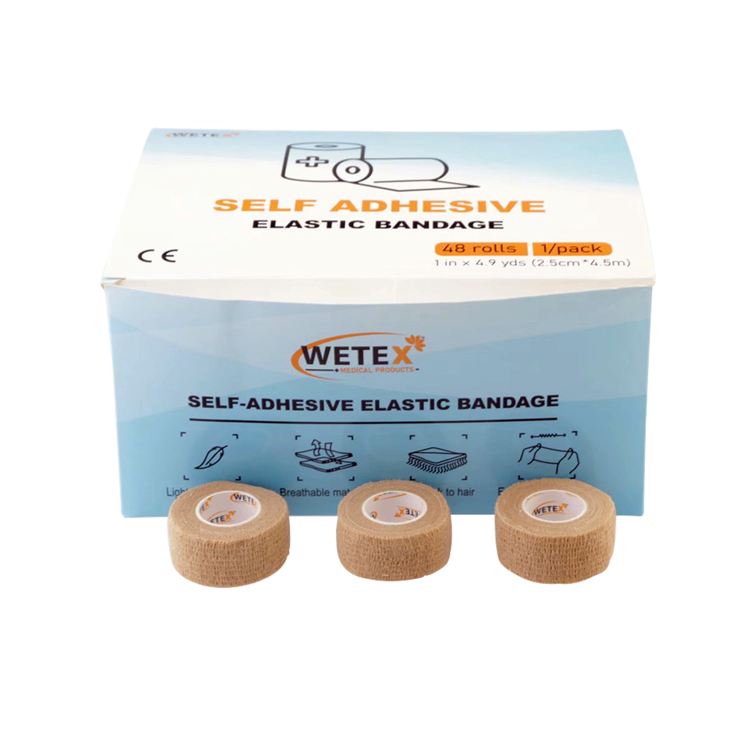 Wetex 96 Rolls Self Adhesive Wrap Elastic Bandages Tape, 1 inch x 5 Yards, Tan