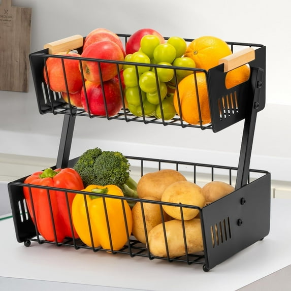 Wetheny 2 Tier Fruit Basket Bowl for Kitchen Counter, Detachable Metal Organizer for Bread Snack Produce with Wooden handle, Large Capacity Kitchen Counter Organizer Fruit Vegatable Storage Basket