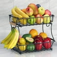 thumbnail image 1 of Wetheny 2-Tier Fruit Basket Bowl Vegetable Storage with Banana Hook and Wooden handle for Kitchen Counter, Double Storage Wire Metal Basket for Bread Snacks Onions Potatoes Black, 1 of 5