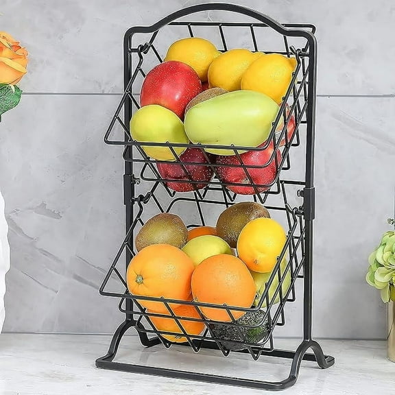 Wetheny 2 Tier Iron Fruit Basket Fruit Bowl for Kitchen Counter,Bread,Fruit and Vegetable Holder Storage Basket,Wire Hanging Basket stand for Kitchen Organizer, Matte Black