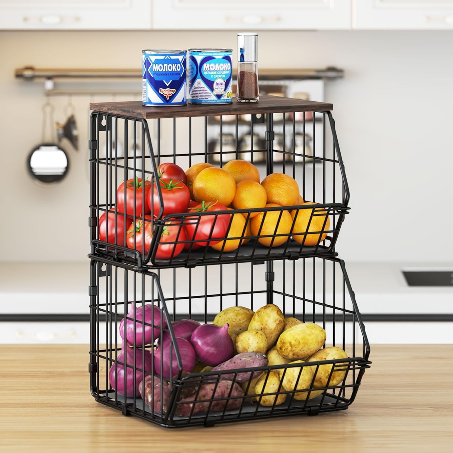 Wetheny 2 Tier Stackable Wall Mounted Wire Basket Fruit Basket with Wood Lid Kitchen Pantry Organization and Storage Hanging Storage Basket for fruits Onion Potato Produce Vegetable Black Walmart