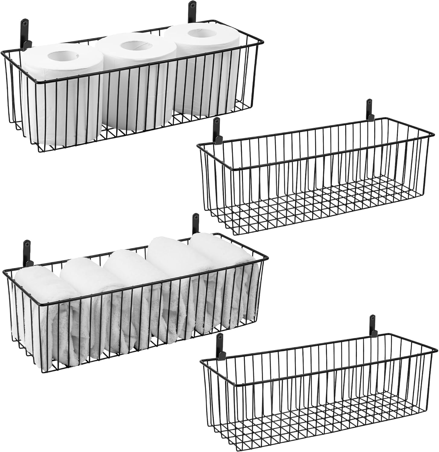 Wetheny Black Wire Basket Wall Mounted(4 Pack) - Metal Toilet Paper Storage Basket - Rectangular Wire Baskets for organizing Kitchen,Bathroom,Countertop
