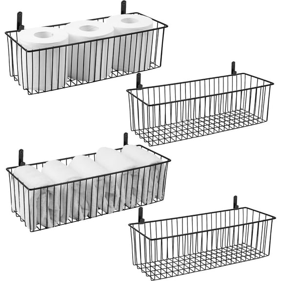 Wetheny Black Wire Basket Wall Mounted(4 Pack) - Metal Toilet Paper Storage Basket - Rectangular Wire Baskets for organizing Kitchen,Bathroom,Countertop