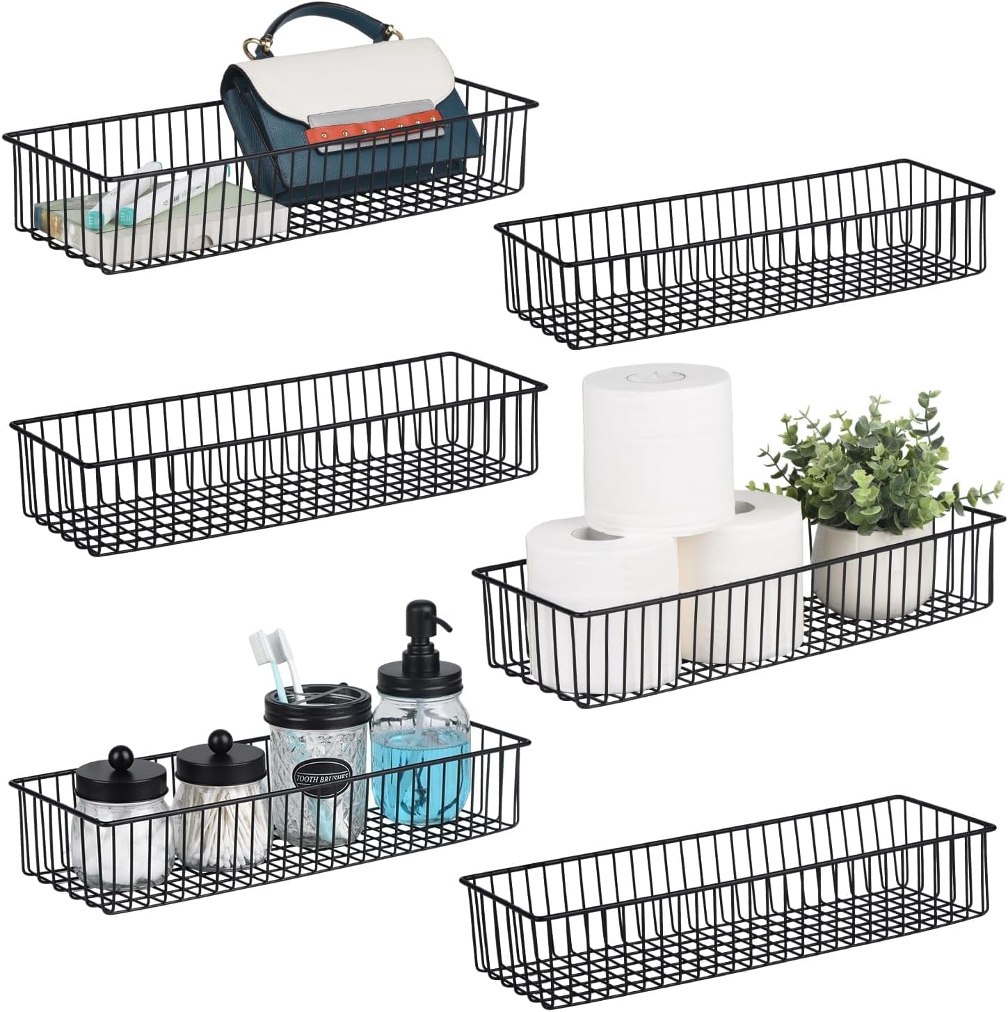 Wetheny Farmhouse Décor Metal Wire Organizer Storage Basket Bin(6 Pack)-Toilet Paper Storage-Organization and Storage for Bedroom, Bathroom, Kitchen Cabinets, Pantry, Laundry Room, Garage (Black)