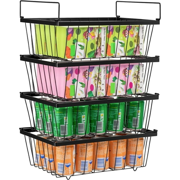 Wetheny Freezer Organizer Bins - 4 Pack Stackable Chest Freezer Organizer for 5 Cu.FT Deep Freezer Sort Forzen Food, Deep Freezer Organizer Bins Wire Metal Basket Easily Get Food From Bottom, Black