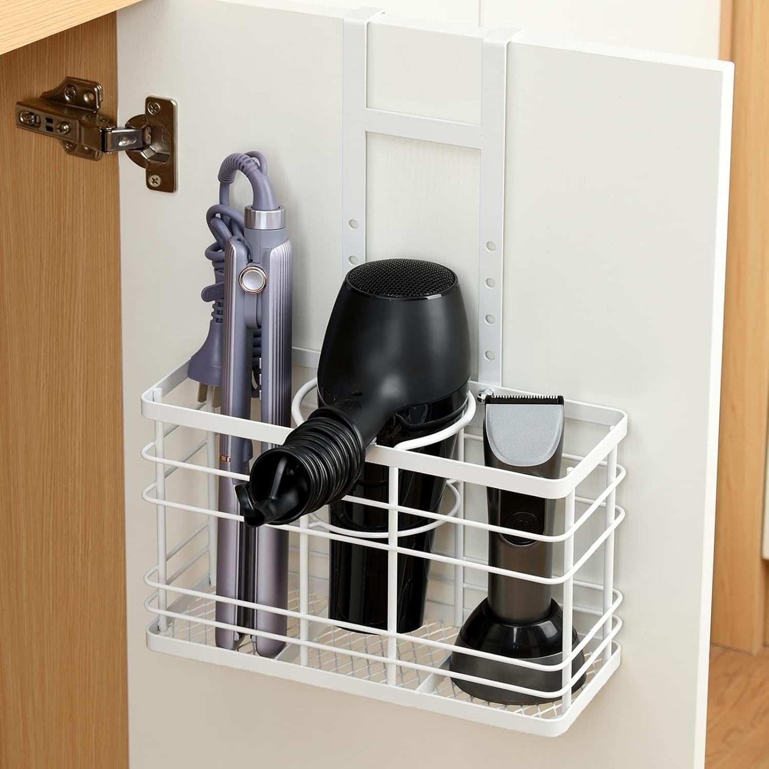 Wetheny Hair Tool Organizer - Hair Dryer Holder 5 Adjustable Height,Bathroom Organizer Cabinet Door/Wall Mounted for Hair Dryer,Curling Iron,Hair Straightener,Brush（White）